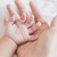 a baby's hand cradled by an adult hand