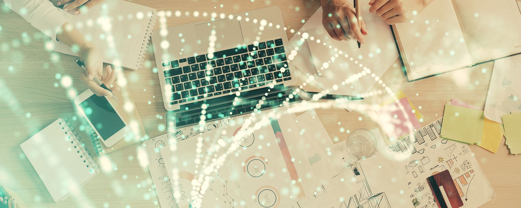 Double exposure of woman hands working on computer and DNA hologram drawing