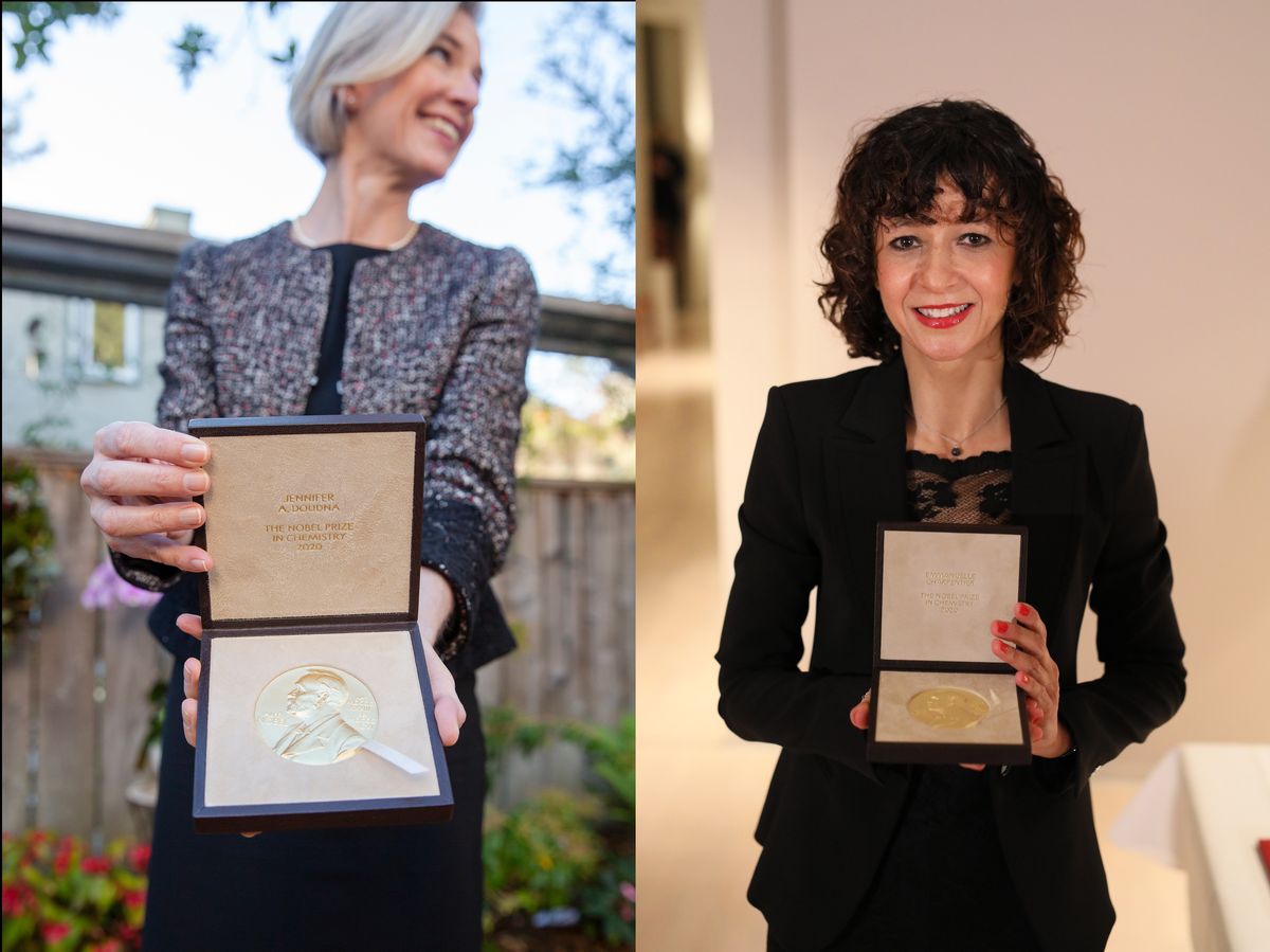 photos of Jennifer Doudna and Emmanuelle Charpentier holding Nobel Prizes