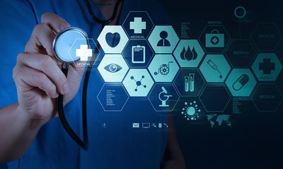 A doctor holding a stethoscope, surrounded by medical icons
