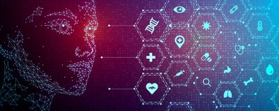 Conceptual illustration of personalized medicine with medical icons next to a human face.