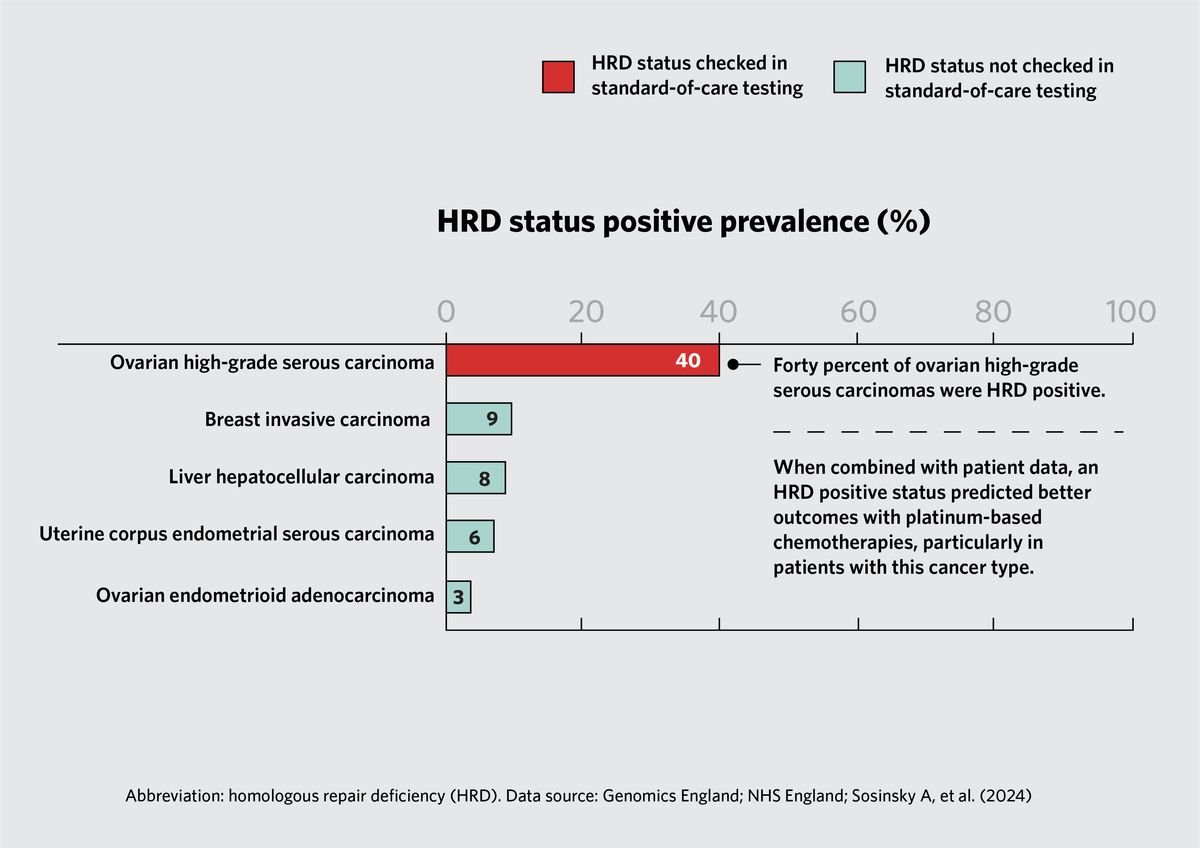 Bar chart showing prevalence of homologous recombination deficiency status positive across five cancer types.