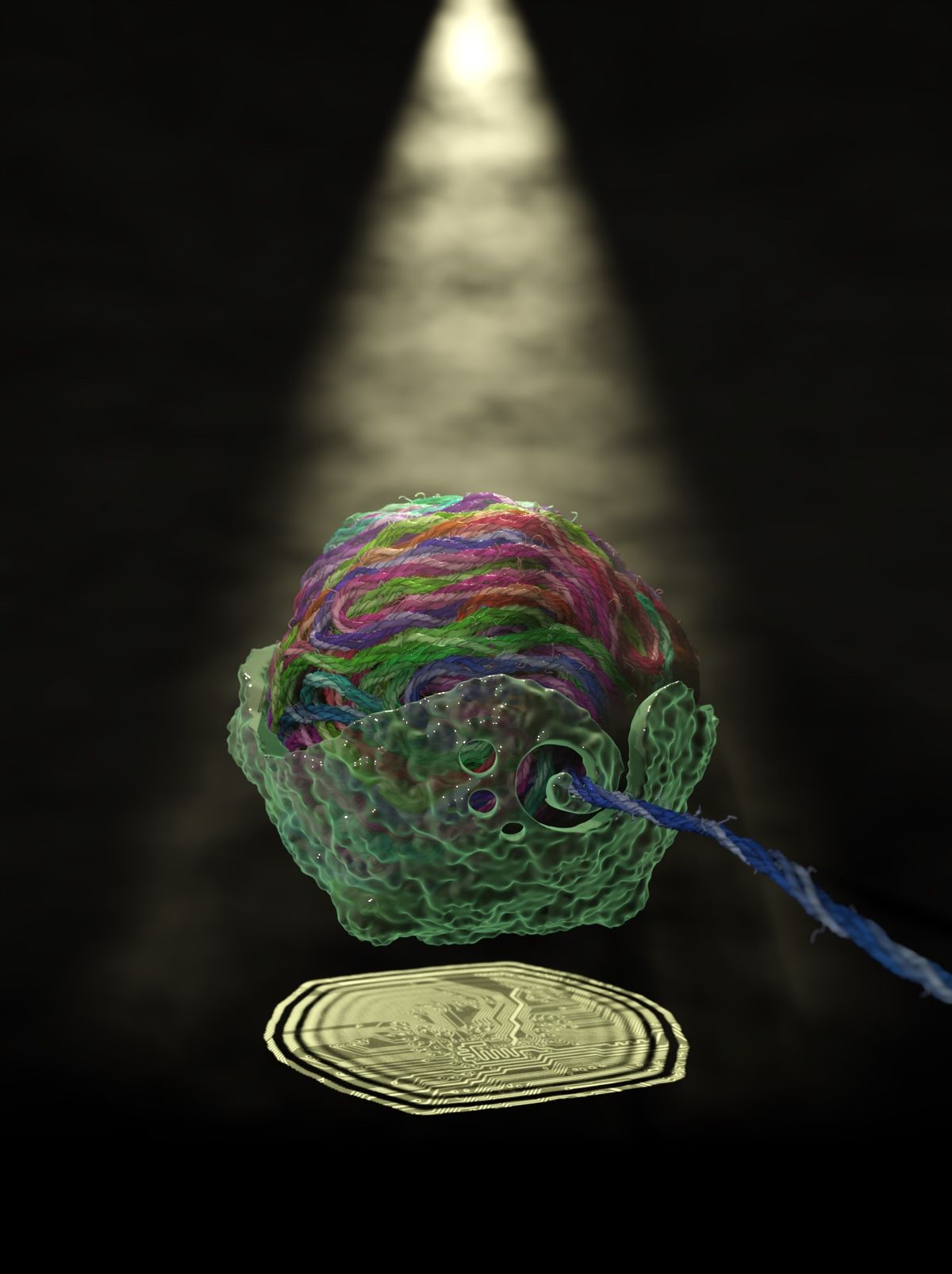 Drawing of a ball of multicolored yarn surrounded by a green layer under a spotlight.