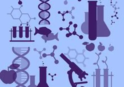 Conceptual image of multiomics: Biological samples such as fish and apples are surrounded by scientific instruments like flasks, test tubes, and a microscope, with strands of DNA and different chemical molecules