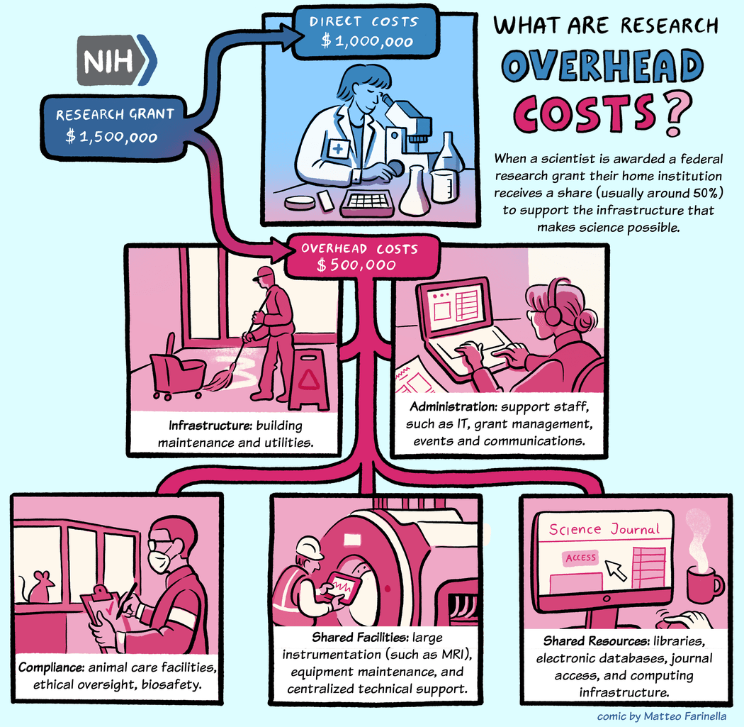 A comic depicting how a $1.5 million research grant is broken up between direct costs, which pay for researcher salaries and equipment, and overhead or indirect costs, which support the infrastructure that makes science possible. A comic depicting how a $1.5 million research grant is broken up between direct costs, which pay for researcher salaries and equipment, and overhead or indirect costs, which support the infrastructure that makes science possible.
