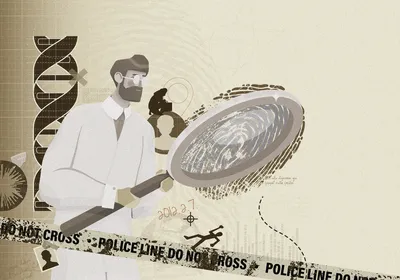 Image of a forensic scientist holding a magnifying glass to DNA to reveal a DNA fingerprint.