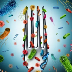 A fork displaying diverse bacteria and viruses, emphasizing the risks of foodborne illness and the need for preventive measures.