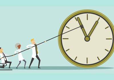 Cartoon showing three scientists pulling a rope that is attached to the hand of a clock, symbolizing their efforts to turn back time. 