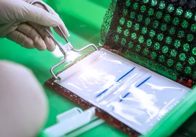 A researcher uses a roller to remove air bubbles between a gel and membrane before Western blot transfer