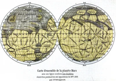 Atlas of Mars by Giovanni Schiaparelli, made in 1888. Note that this is a South-Up map; the South Pole is on top.