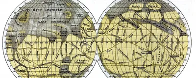 Atlas of Mars by Giovanni Schiaparelli, made in 1888. Note that this is a South-Up map; the South Pole is on top.