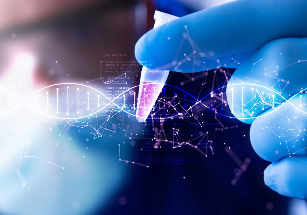 An image of a scientist holding a microtube with a pink solution and a DNA molecule overlaid across the photo. An image of a scientist holding a microtube with a pink solution and a DNA molecule overlaid across the photo.