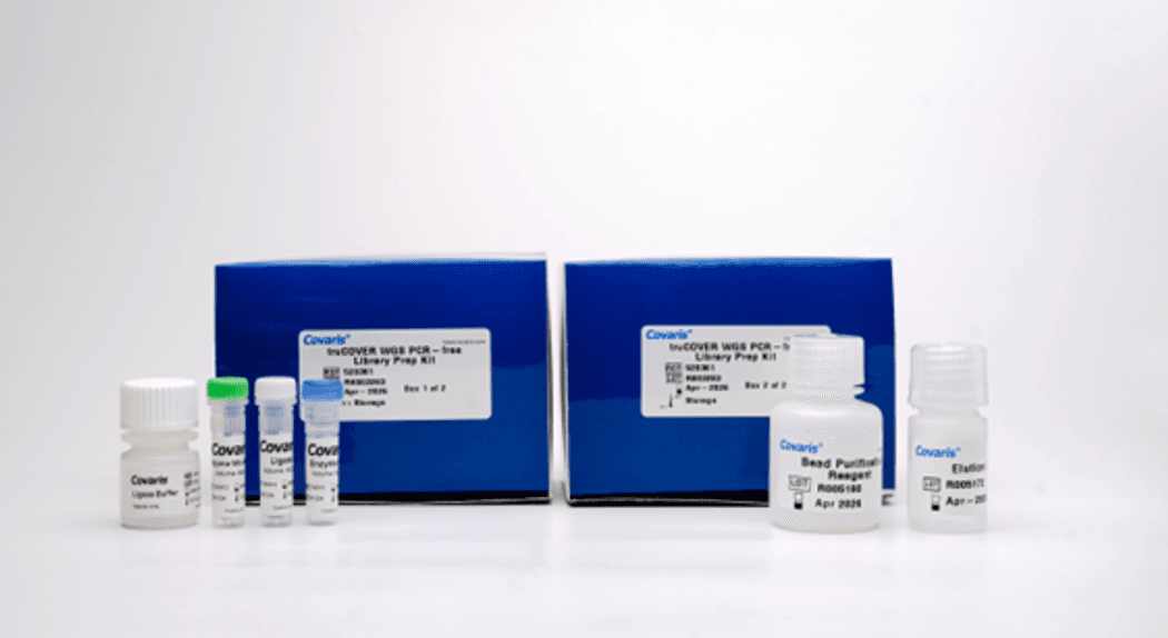 Image of whole genome sequencing library prep kits, showing two blue labelled boxes in the background, with the contents of the kit in the foreground. Image of whole genome sequencing library prep kits, showing two blue labelled boxes in the background, with the contents of the kit in the foreground.