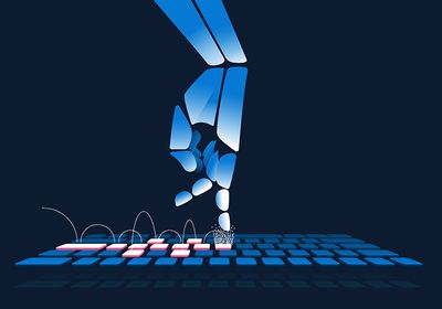 A robotic hand playing hopscotch over a keyboard to symbolize AI speeding up IND application filing.