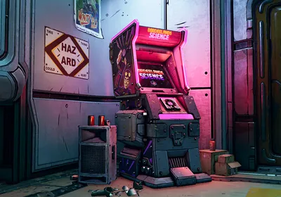 An arcade within the Borderlands video game, next to a hazard sign.