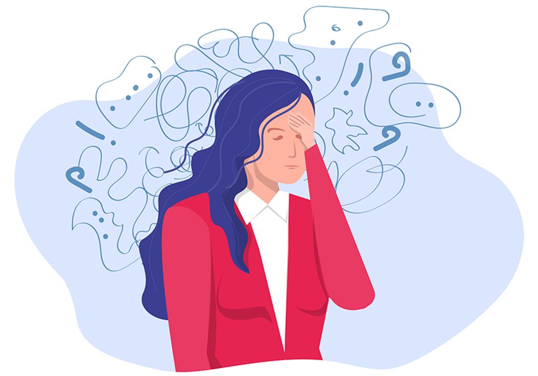 Cartoon of a woman in a red blazer feeling overwhelmed.