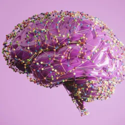 Conceptual image of brain biochemistry, showing a purple brain with a multicolored wireframe overlay.