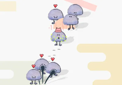 Image of small blue creatures called Nergals. Some have hearts above their heads, which signify friendship. There is one Nergal who is sneezing and losing health, which is denoted by minus one signs floating around it.