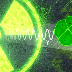 On the left is a neon green radiation symbol with wavy lines emitting from it, representing gamma rays. On the right, D. radiodurans bacteria are unharmed by the radiation.
