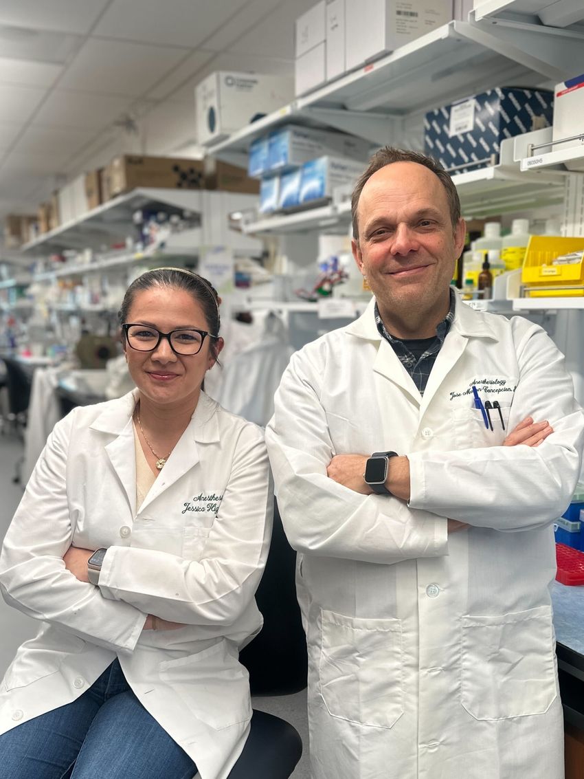 Fotografia de Jose Morón-Concepcion e Jessica Higginbotham, neurocientistas da Universidade de Washington em St. Louis, vestindo casacos de laboratório branco em seu laboratório. Fotografia de Jose Morón-Concepcion e Jessica Higginbotham, neurocientistas da Universidade de Washington em St. Louis, vestindo casacos de laboratório branco em seu laboratório.