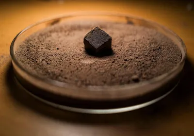 A brown-colored cube on top of fine-looking brown powder in a Petri dish. A brown-colored cube on top of fine-looking brown powder in a Petri dish.