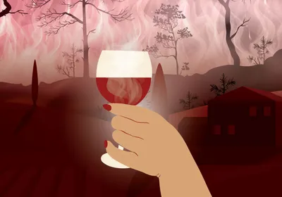 Image of a hand holding up a smoky glass of red wine. The background depicts a vineyard and wildfire smoke.