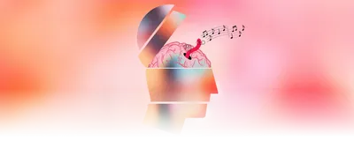 Illustration of the profile of a human head, with the top of the head opened up to show a pink brain. A worm is standing up inside of the brain, with a string of musical notes coming from it. 