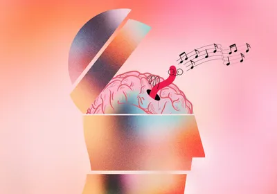 Illustration of the profile of a human head, with the top of the head opened up to show a pink brain. A worm is standing up inside of the brain, with a string of musical notes coming from it. 