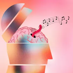 Illustration of the profile of a human head, with the top of the head opened up to show a pink brain. A worm is standing up inside of the brain, with a string of musical notes coming from it. 