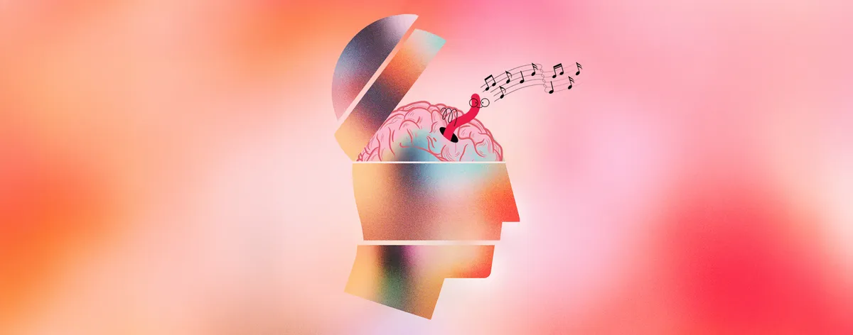 Illustration of the profile of a human head, with the top of the head opened up to show a pink brain. A worm is standing up inside of the brain, with a string of musical notes coming from it. 