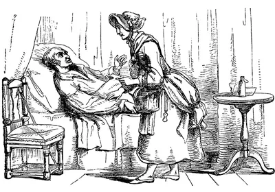Drawn image of a man with cholera lying in bed, while a woman tends to him at his bedside.