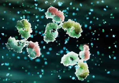 Conceptual image of 3D multicolored antibody proteins on a black background.