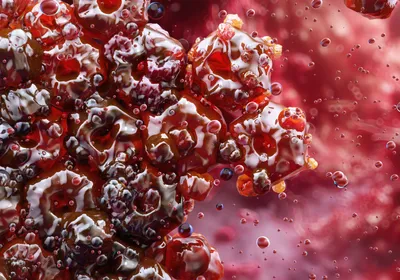 Bacterial cells encased in a slimy red extracellular matrix, forming a biofilm. Bacterial cells encased in a slimy red extracellular matrix, forming a biofilm.