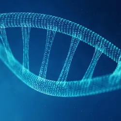 An abstract illustration depicting the use of artificial intelligence to study the human genome.