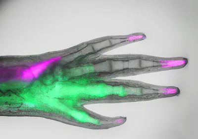 A transparent axolotl limb glowing magenta and green. A transparent axolotl limb glowing magenta and green.