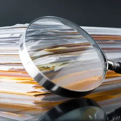 A photo showing a stack of papers and a magnifying glass
