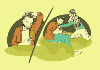 Split image of a man unsuccessfully trying to tickle himself with a feather (right) and a man laughing and being tickled by a woman with a feather (left).