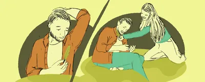 Split image of a man unsuccessfully trying to tickle himself with a feather (right) and a man laughing and being tickled by a woman with a feather (left).