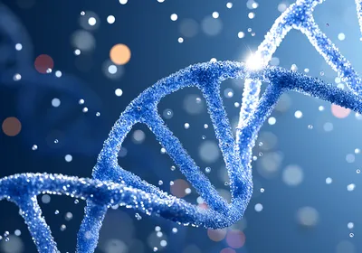Conceptual image of a blue DNA helix with bubbles of various sizes in the background. 
