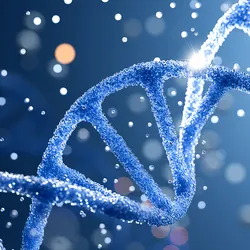 Conceptual image of a blue DNA helix with bubbles of various sizes in the background. 