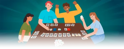 An image of young researchers gathered around a table playing an engaging board game.