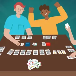 An image of young researchers gathered around a table playing an engaging board game.