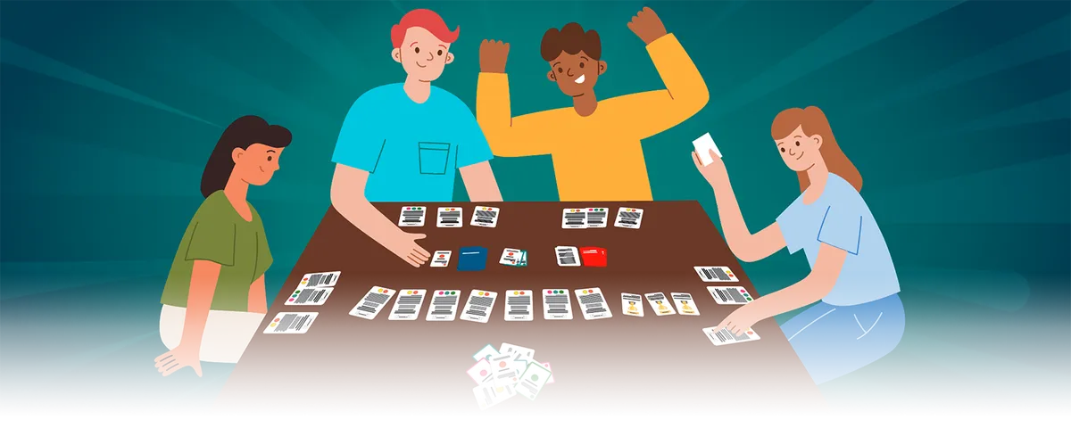 An image of young researchers gathered around a table playing an engaging board game. An image of young researchers gathered around a table playing an engaging board game.