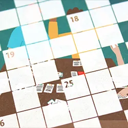 An image of young researchers gathered around a table playing an engaging board game.