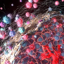 3D rendering of the tumor microenvironment showing cancer cells, immune cells, fibroblasts, and vasculature