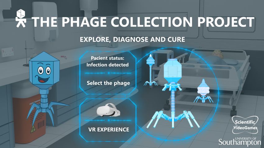 Photograph showing a poster for a virtual reality game called The Phage Collection Project. The background is of a hospital room with a patient bed on the right and a counter on the left. Overtop of this is the game menu with the game’s name, a blue cartoon phage that is an in-game guide, and options in blue to select different phages. Photograph showing a poster for a virtual reality game called The Phage Collection Project. The background is of a hospital room with a patient bed on the right and a counter on the left. Overtop of this is the game menu with the game’s name, a blue cartoon phage that is an in-game guide, and options in blue to select different phages.