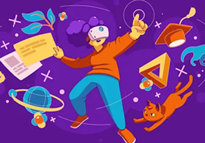 Illustration of a person on a purple background wearing a VR headset. Images of plants, microbes, planets, and animals swirl around them, highlighting what they are learning on their headset.