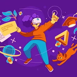 Illustration of a person on a purple background wearing a VR headset. Images of plants, microbes, planets, and animals swirl around them, highlighting what they are learning on their headset.