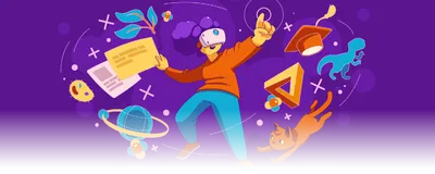 Illustration of a person on a purple background wearing a VR headset. Images of plants, microbes, planets, and animals swirl around them, highlighting what they are learning on their headset.
