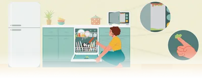 Image of a woman kneeling next to her open dishwasher. Above her, the microwave door is open. Both the dishwasher and microwave have zoom in circles depicting some form of microbial slime.